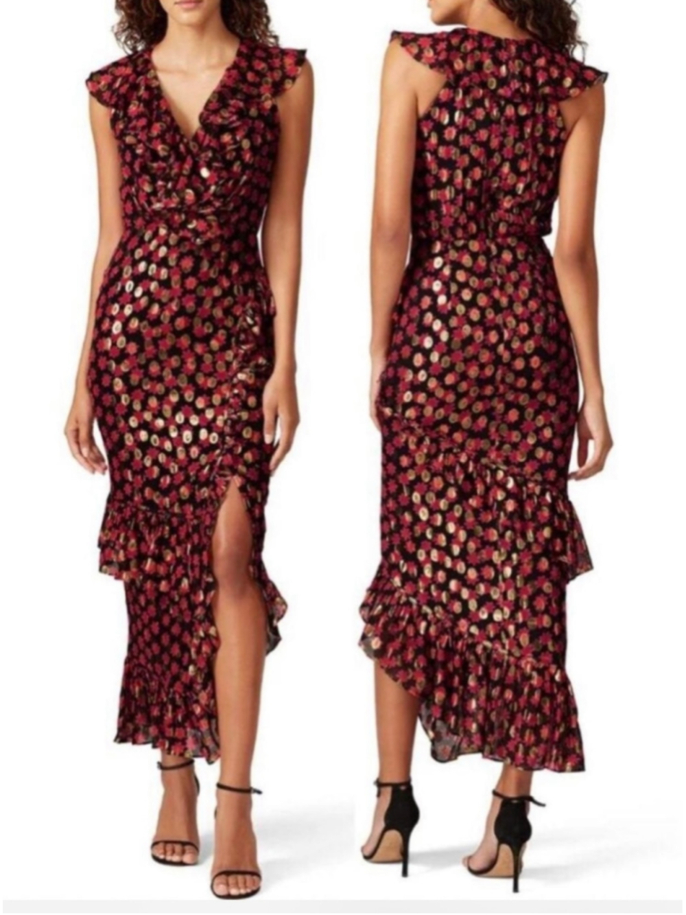 Saloni Silk Metallic Floral Ruffle Midi Dress Size US 4